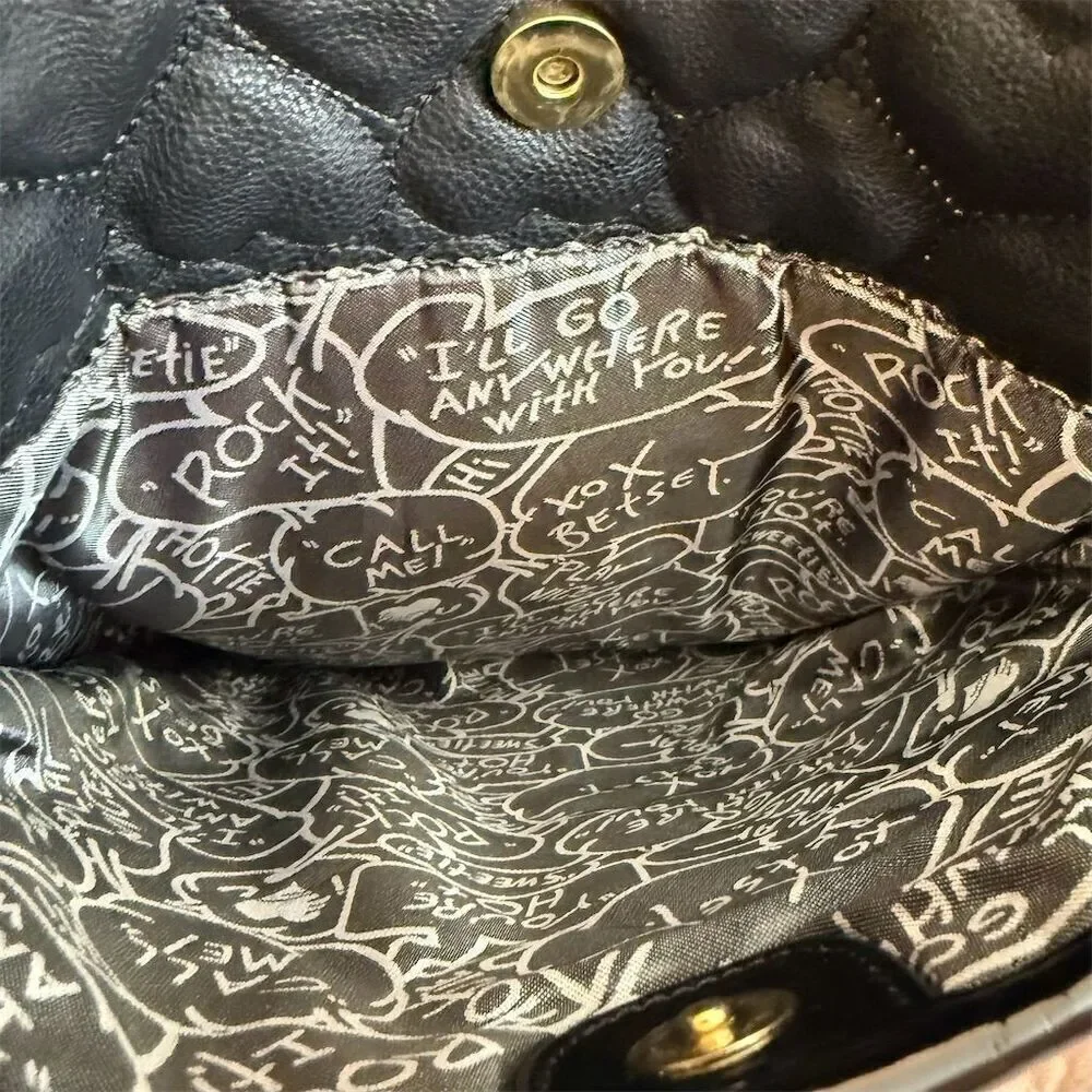 Betsey Johnson Large Quilted Heart Black Laptop Backpack Crossbody Floral Lining